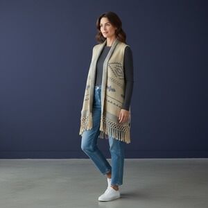 Coco + Carmen Aztec Fringe Knit Vest Tan Grey Southwestern Open Front One Size